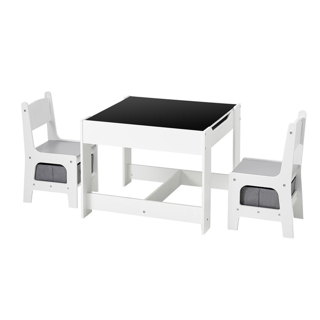 Kids Table And 2 Chairs Set, Toddler Table And Chair Set With Storage Space Under The Table, Cloth Storage Box Under The Chairs, Wooden Desk For Art, Craft, Reading, Learning, Drawing, White