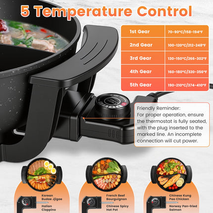 6L Electric Hot Pot With Divider 1100W Dual-Flavor Pot Shabu Shabu Pot Non-Stick With 5-Temp Control For Shabu Shabu Fondue Perfect For Family Gatherings & Parties