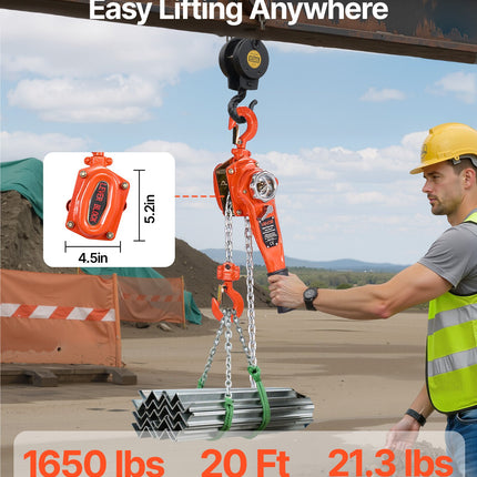 Manual Lever Chain Hoist, 3/4T 1650LBS Capacity Heavy Duty Come Along, 20FT Lift G80 Alloy Steel Chain With Dual Pawl Mechanical Brake,360°Rotating Hooks, For Warehouse Construction Garage