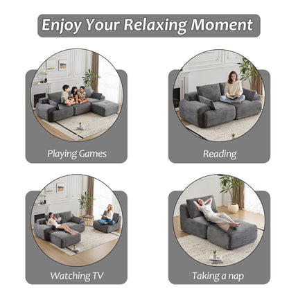 Modern Memory Foam Compressed Sofa,Large Sectional Couches For Living Room,Pet-Friendly Cloud Modular Sectional Sofa,Corduroy Fabric,Extra Deep Loveseat,No Assembly Required,GREY