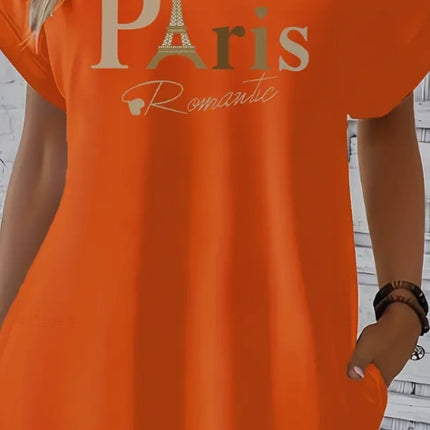 Midi Paris Print Crew Neck Tunic Dress - Geometric Pattern, Mid Elasticity, Semi-Sheer, Dual Pockets, Loose Fit, Machine Washable, Perfect For Spring, Summer, And Fall - Womens Casual Short Sleeve Pol