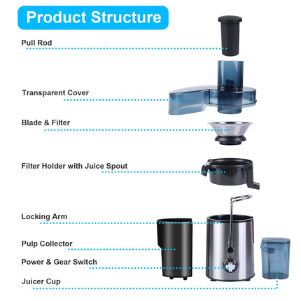 1Pc Centrifugal Juicer Juice Extractor With 2 Speeds 2.6in Wide Feed Chute 17Oz Juicer Cup 54Oz Pulp Collector Electric Juicer For Fruits Vegetables
