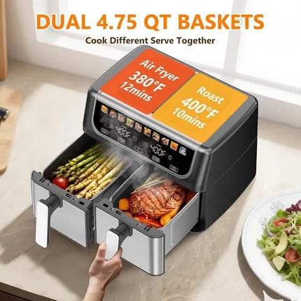9.5 Quart Large Dual Basket Air Fryer With Double Basket, Independent Temp Control & Sync Mode, 10 Presets - Bake&Broil&Defrost&Dehydrate, Shake Reminder System, Compatible For Plug For Appliance