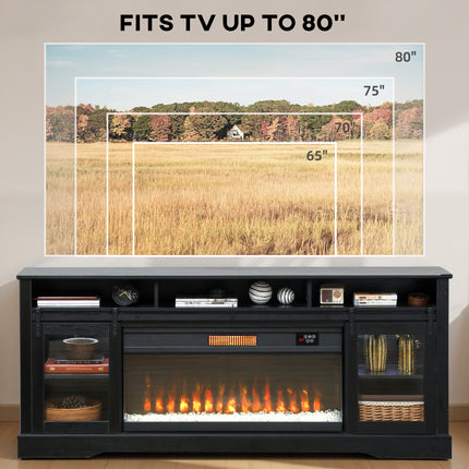 Fireplace TV Stand for TVs Up to 80 Inch, TV Console with Electric Fireplace, Open Storage and Side Cabinets, Black