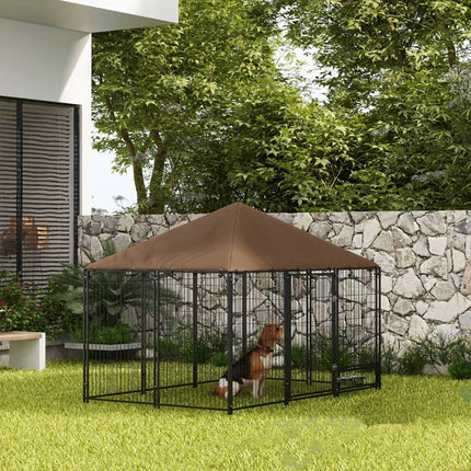 Outside Dog Kennel, 6.9' X 4.6' X 5' Puppy Play Pen With Canopy, Garden Playpen Fence Crate With Rotating Bowl, Black