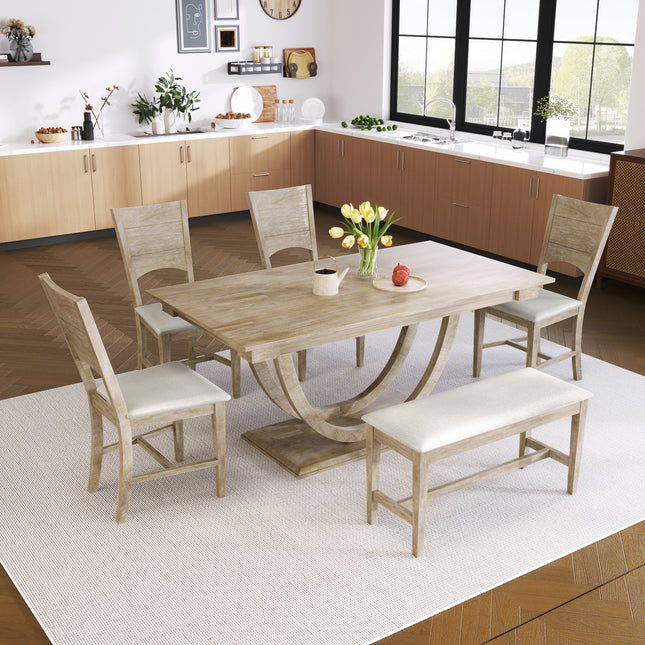 TOPMAx 6- Piece Wood Half Round Dining Table Set Kitchen Table Set With Long Bench And 4 Dining Chairs  Modern Style  Natural