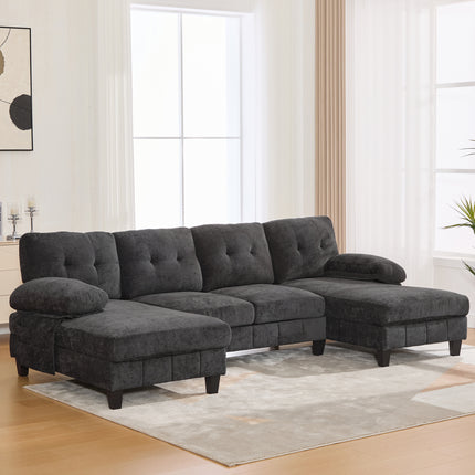 U-shaped Sectional Sofa 103.5 Chenille Fabric Couch With Dual Chaise Lounges, Storage Pockets And Armrest Pillows For Living Room, Black
