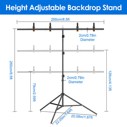 1Set 6.5x8.5FT T Shape Photo Video Backdrop Stand Heavy Duty Background Stand Adjustable Photography Backdrop Stand With 6 Spring Clamps Sandbag Carry Bag For Studio Party Wedding