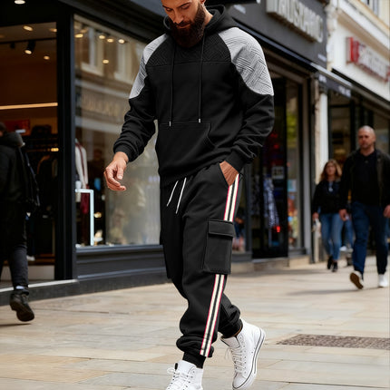 Loose Color-block Textured Hoodie And Sweatpants Casual Set