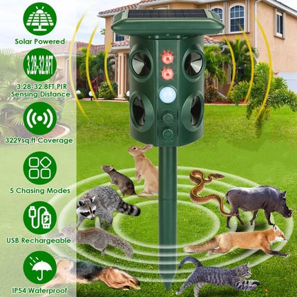5 Modes Animal Repeller - Solar/USB Rechargeable, PIR Sensing, 3229Sq.ft Coverage, IP54 Waterproof, Repels Rodents Birds Snakes Raccoons