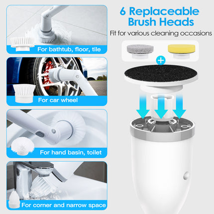 1Set Electric Spin Scrubber Cordless Rechargeable Telescopic Cleaning Brush 6 Replaceable Heads 2 Speed Adjustable Extension Arm Bathroom Tub Tile Floor