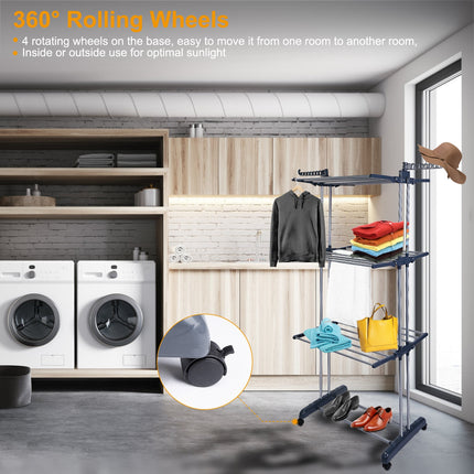 1Pc Clothes Drying Rack Rolling Collapsible Laundry Dryer Hanger Stand Rail Shelve Wardrobe Clothing Drying Racks With Dual Side Wings