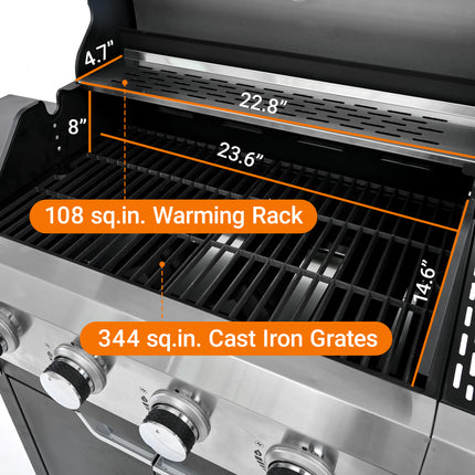 Propane Grill 4 Burner Barbecue Grill Stainless Steel Gas Grill With Side Burner For Outdoor BBQ, Camping