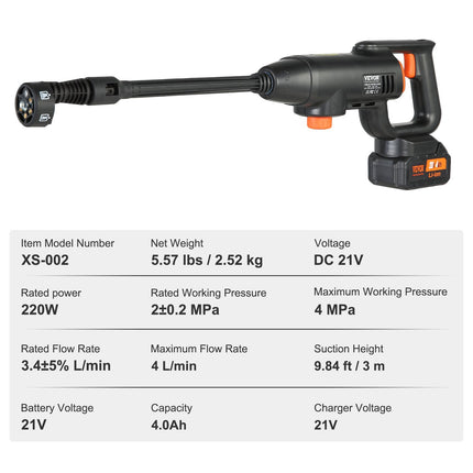 VEVOR Cordless Pressure Washer, 580-PSI 1.1 GPM Portable Power Cleaner, Handheld High-Pressure Car Washer Gun With 4.0Ah Battery, Charger, 6-in-1 Nozzle, For Home Floor Cleaning & Watering