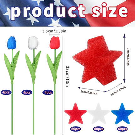 4th Of July Decorations, 12 Pcs Patriotic Artificial Tulips With 180 Pcs Red White Blue Sponge Stars Independence Day Vase Filler For Home Table Centerpiece Decor Clearance Sale