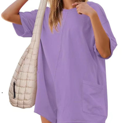 Women's Loose Short-sleeved Shorts Jumpsuit Summer Casual Backless Beach Overall Pants With Pockets