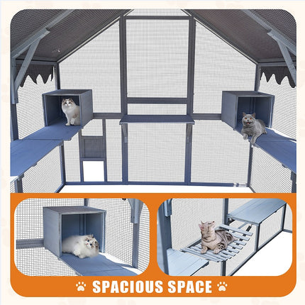 Outdoor Cat House Cat Fence, Upgraded Waterproof Cover - Gray
