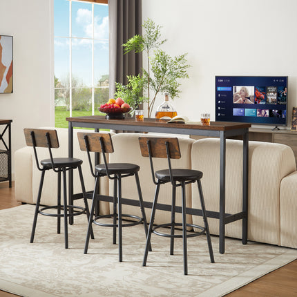 Long Bar Table Set With 3 PU Upholstered Bar Stools, Industrial Bar Table And Chairs For Kitchen Breakfast Table, Living Room, Banquet Hall, Rustic Brown And Black, 63inL X15.7 W X 37.5 H