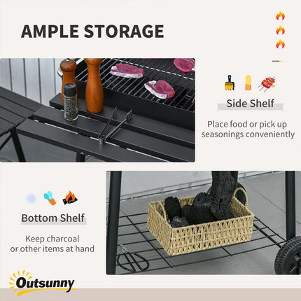 30" Portable Charcoal Barbecue Grill with Wheels Outdoor Barbecue with Adjustable Charcoal Rack, Storage Shelf, for Garden Camping Picnic