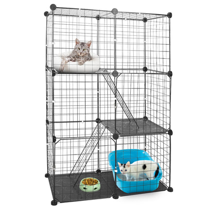 3 Tier Cat Playpen Cage Metal Indoor Cat House Detachable Kitten House With 3 Doors 2 Ladders Large Cat Exercise Place For 1-2 Cats Black