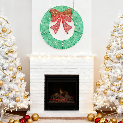 Christmas Wreath Decoration, LED Metal Holiday Decoration In Green Yellow