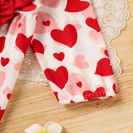 Baby Valentine's Day Romper, Heart Print Long Sleeve Bodysuit With Bow And Ruffle Trim