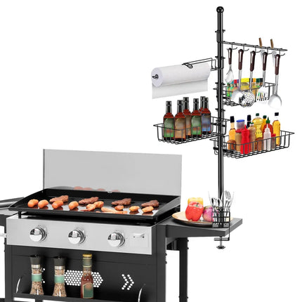 Griddle Caddy Standing Grill Utensil Caddy With Paper Towel Holder Hook Baskets BBQ Accessories Storage Rack Vertical Standing BBQ Organizer Grill Utensil Storage Fit For Blackstone Griddle