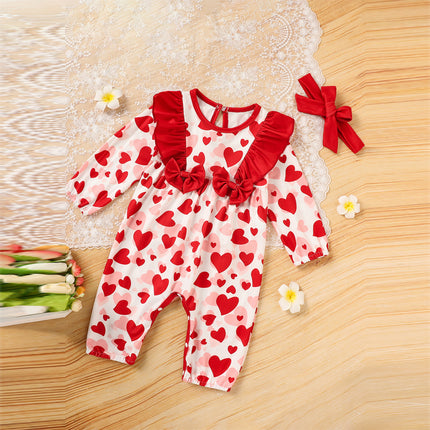 Baby Valentine's Day Romper, Heart Print Long Sleeve Bodysuit With Bow And Ruffle Trim