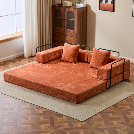 Floor Couch,Compression Sofa,Convertible Floor Sofa Bed-with Pillow Back Support Armrest,Comfy Futon Couch Lounge Sleeper Bed,chenille Fabric,for Living Room Bedroom Orange