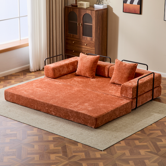 Floor Couch,Compression Sofa,Convertible Floor Sofa Bed-with Pillow Back Support Armrest,Comfy Futon Couch Lounge Sleeper Bed,chenille Fabric,for Living Room Bedroom Orange