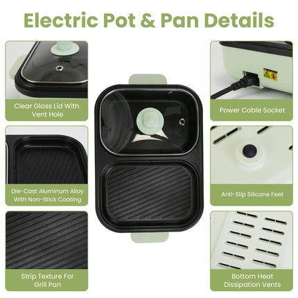 1Pc Electric Hot Pot With Grill 2-in-1 Hot Pot And Frying Pan Portable Non-Stick Pot And Griddle Electric Cooker Pot With Glass Lid Fast Heating For 1-2 People BBQ Steaks Noodles