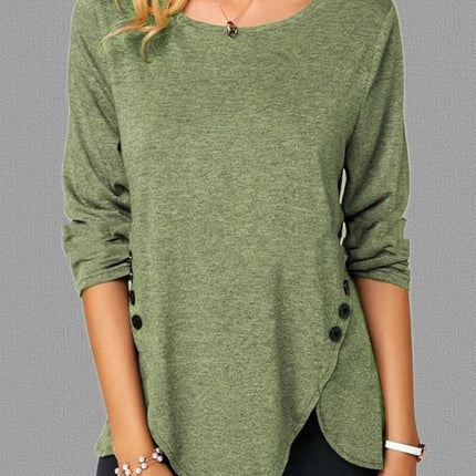 Irregular Button Hem Long Sleeved Round Neck Oversized T-shirt