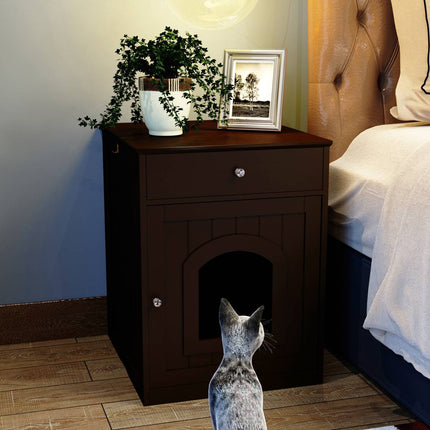 Wooden Pet House Cat Litter Box Enclosure With Drawer, Side Table Indoor Pet Crate
