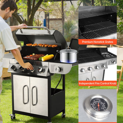 Gas Grill, 4 Burner Propane Gas Grill With Side Burner, 425 SQ.In Grilling Area, Carbon Steel Enamel Grates, Outdoor 52,000 BTU Patio Garden BBQ Grills With Two Side Shelves, Stainless Steel