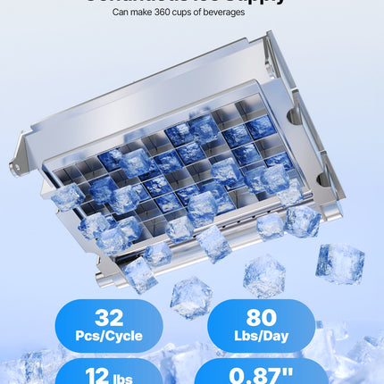 Commercial Ice Maker Machine, 80 Lbs/24h With 12Lbs Storage, 32 Cubes Per Cycle, Stainless Steel Freestanding & Countertop Ice Maker With LED Display & Self-Cleaning, For Home Bar Restaurant