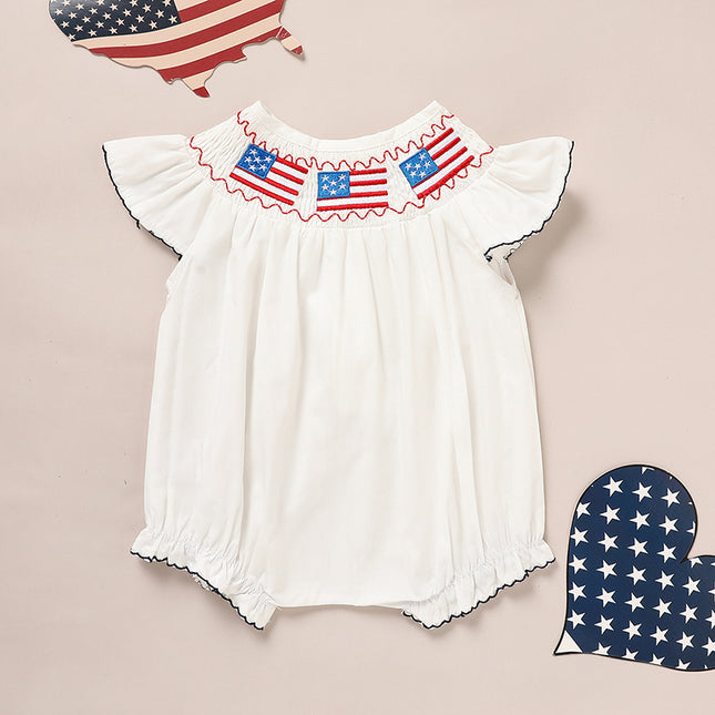 Baby Girl 4th Of July Bubble Romper, Smocked Fly Sleeve Bodysuit With American Flag Embroidery