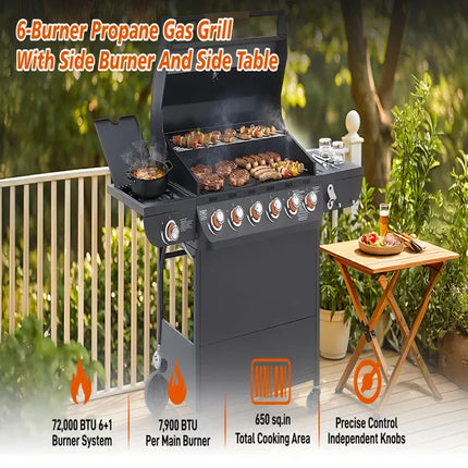 6 Burner BBQ Propane Gas Grill With Side Burner 72000 BTU Output Stainless Steel Barbecue Grill With Cast Iron Grates And Side Tables For Outdoor Cooking Kitchen And Patio Backyard.