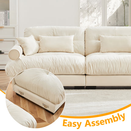 Large Size Modern Two-seater Sofa With Bolstered Armrests,Velvet 2-Seater Sofa With Waist Pillows And Throw Pillows , Suitable For Living Room , Loft, Working Spaces , Hallway And Bedroom,Cream