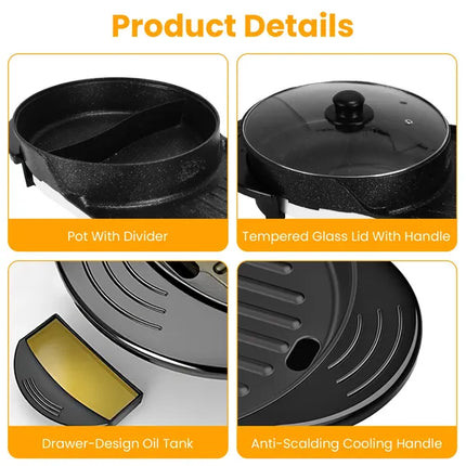 2 In 1 Electric Hot Pot With BBQ Grill Cooker 2200W Smokeless Non-Stick Korean BBQ Grill Shabu Shabu Hot Pot With Independent Temperature Control 5 Gears Firepower For 2-10 People