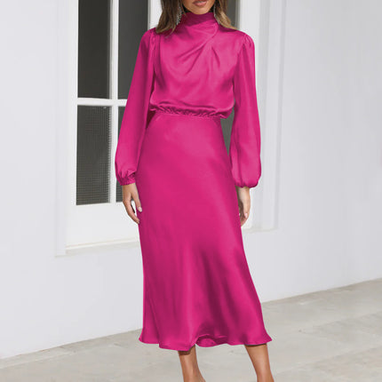 Elegant Temperament Long-sleeved Dress Satin Halterneck Formal Evening Dresses Women Clothing
