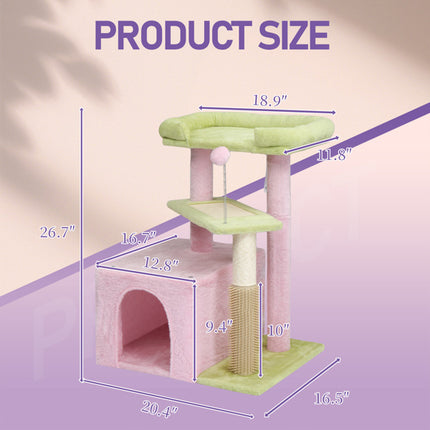 27.5in Cat Tree, Multi-level Cat Tower With Cat Scratching Post And Pad, Cozy Cat Condo, Padded Top Bed For Kittens And Indoor Cats, Pink & Green