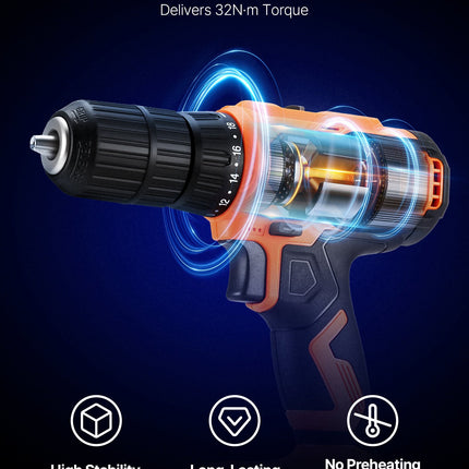 Cordless Drill Driver, 1/2 Inch Metal Chuck, Dual-Speed Variable, Drill Driver Kit With Lithium Battery And Charger, Belt Clip, For Wood And Metal Drilling, Screw Tightening Or Loosening