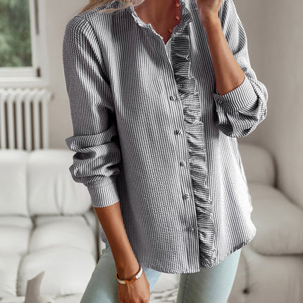 Striped Long Sleeve Shirt Fashion Ruffle Design Button Up Tops Casual Office Blouse Elegant Commuting Women's Clothing