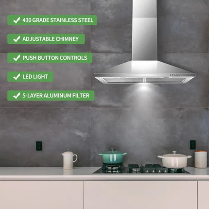 Range Hood 30 Inch,Wall Mount Range Hood In Stainless Steel With Ducted/Ductless Convertible,Stove Vent Hood With Aluminum Filters,3 Speed Exhaust Fan,LED Light,Button Control