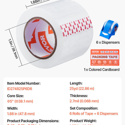 Clear Packing Tape 6 Rolls 25 Yards Clear Shipping Tape With Dispenser 2.7 Mil