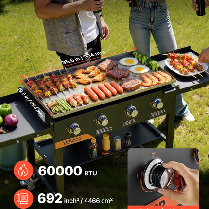 Gas Griddle, 4-Burner Flat Top Grill, 36 Inch Grill Plate Foldable Propane Griddle With Wheels, 60000 BTU Outdoor Flat Top Grills For Pan-Frying, Grilling, Stir-Frying, & BBQ, Pulse Ignition