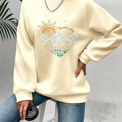 Casual Heart Print Crew Neck Pullover Sweatshirt - Soft Slightly Stretch Polyester Fabric, Machine Washable, Perfect For Spring And Fall - Women's Long Sleeve Casual Wear