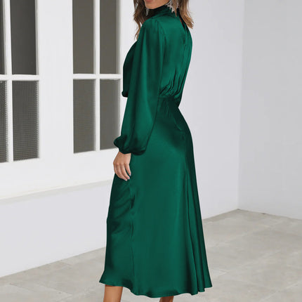 Elegant Temperament Long-sleeved Dress Satin Halterneck Formal Evening Dresses Women Clothing