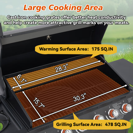 6 Burner BBQ Propane Gas Grill With Side Burner 72000 BTU Output Stainless Steel Barbecue Grill With Cast Iron Grates And Side Tables For Outdoor Cooking Kitchen And Patio Backyard.