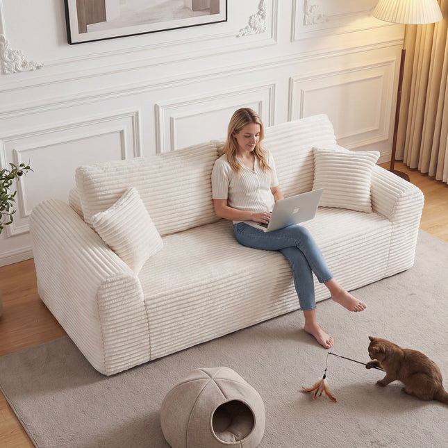 3 Seater Couch, Corduroy Boneless Couches For Living Room,26.4 Cloud Couch With Deep Seat,Comfy Floor Sofa With 2 Pillows,Upholstered Floor Sofa In A Box